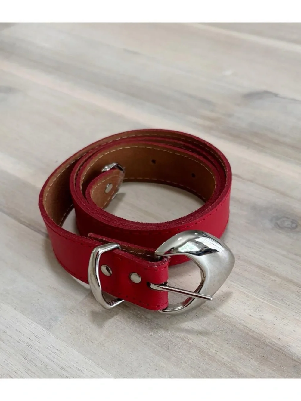 Red Leather Women's Belt with Silver Buckle